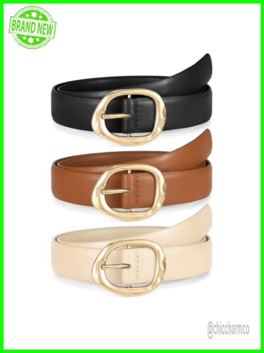 WHIPPY 3 Pack Women PU Leather Belts Gold Liquid Buckle Jeans Pants